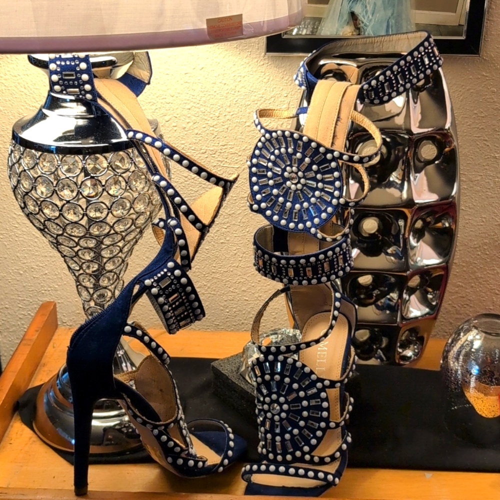 Rhinestone Blue Velvet Egyptian High Hill Sandals